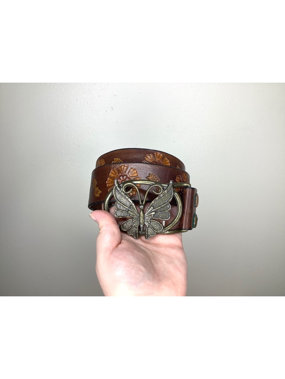 Vintage Floral Embossed Leather Belt With Butterfly Belt Buckle